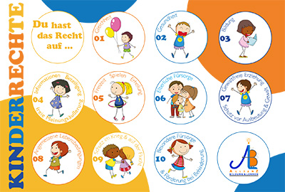 Illustration zu Kinderrechten: zehn bunte Kreise mit Zeichnungen von Kindern, die verschiedene Rechte symbolisieren, z. B. auf Spielen, Schutz, Bildung und freie Meinungsäußerung