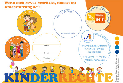 Illustration mit Hinweisen auf Unterstützung: Ansprechpartner wie Eltern, Schule, Vertrauenspersonen sowie Notrufnummer
