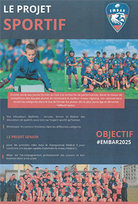 Plakat des Rugby-Clubs Embar mit dem Titel ‚Le Projet Sportif‘, Vereinslogo, Textblöcken und Fotos von Kinder- und Erwachsenenteams im Rugby-Outfit